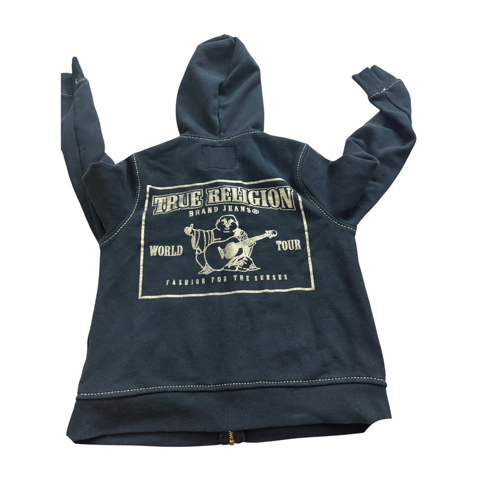 True Religion Womens Black Gold Stitch Buddha World Tour Zip Up Hoodie Small - Picture 2 of 6